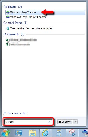 The search results for Windows Easy Transfer, with an arrow pointing to Windows Easy Transfer, and the search field encircled in red