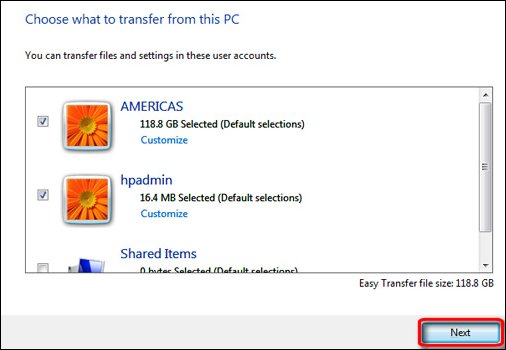 The choices for items to transfer in Windows Easy Transfer, with Next encircled in red