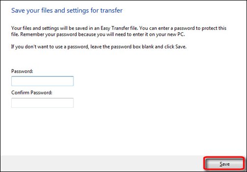  The Save your files and settings for  transfer screen, with Save encircled in red