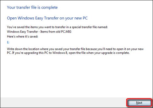 The Your transfer file is complete screen, with Next encircled in red