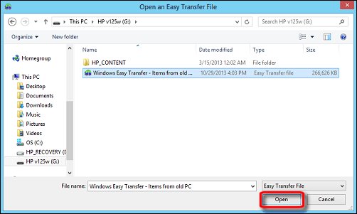 The second Open an Easy Transfer file screen, with Open encircled in red