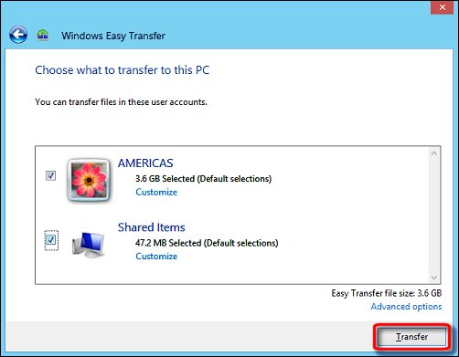 User accounts and files in  Windows Easy Transfer, with Transfer encircled in red
