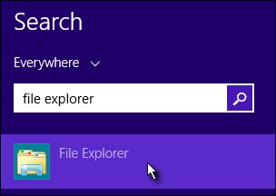 The Start screen search field, with File Explorer selected