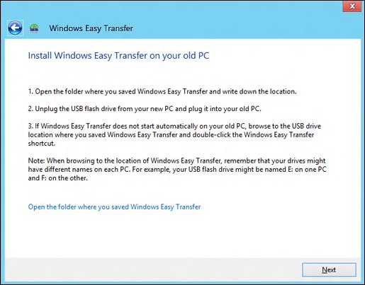 The Install Windows Easy Transfer on your old PC screen, with Next encircled in red