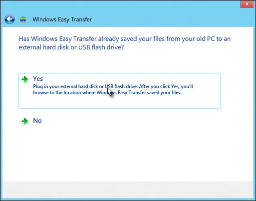 The page to indicate whether Windows Easy Transfer has saved files, with Yes selected
