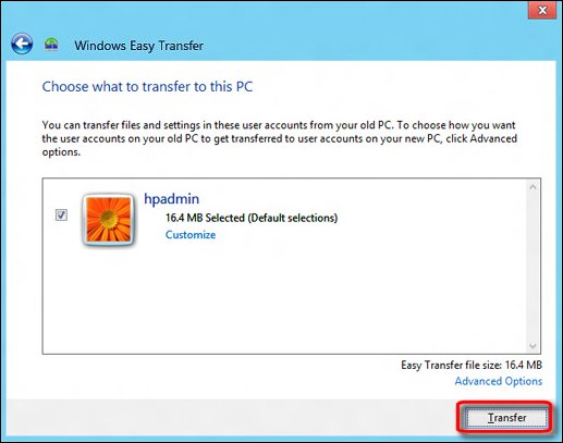 The choices of items to transfer in Windows Easy Transfer, with Transfer encircled in red