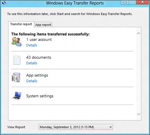 The Transfer report tab of Windows Easy Transfer Reports