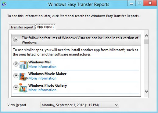 The App report tab  in Windows Easy Transfer Reports