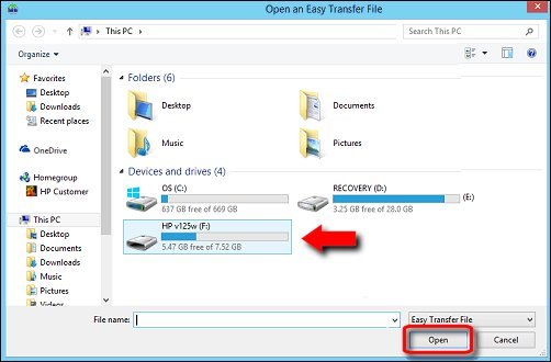 Open an Easy Transfer File screen, with a drive highlighted and Open encircled in red